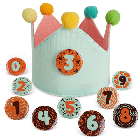 Kids Birthday Crowns with 0-9 Number Badges - Reversible Mint and Orange Crown in Muslin Cotton