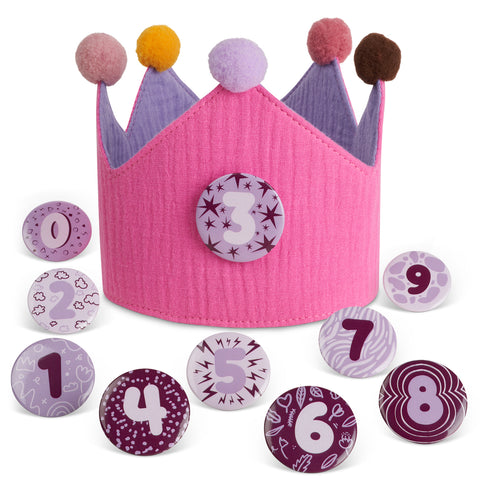 Kids Birthday Crowns with 0-9 Number Badges - Reversible Pink and Purple Crown in Muslin Cotton